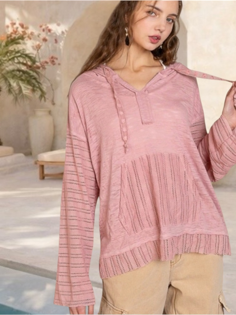 POL Mauve Pink Lightweight Knit Hoodie Boho Beach Cover Up Resort Top - Picture 5 of 5